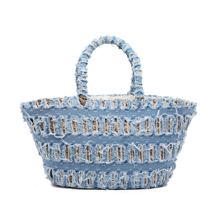 Woven raffia shopper with distressed patchwork detail wholesale