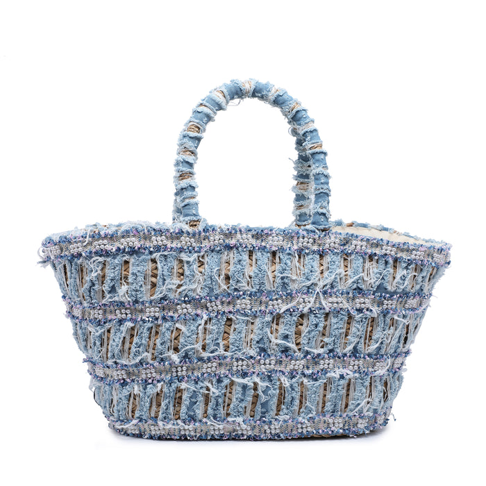 Woven raffia shopper with distressed patchwork detail wholesale