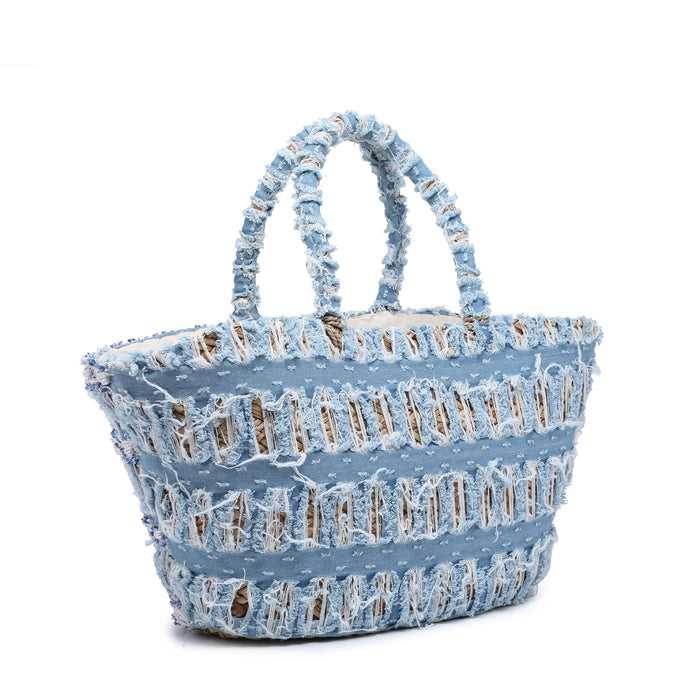 Woven raffia shopper with distressed patchwork detail wholesale