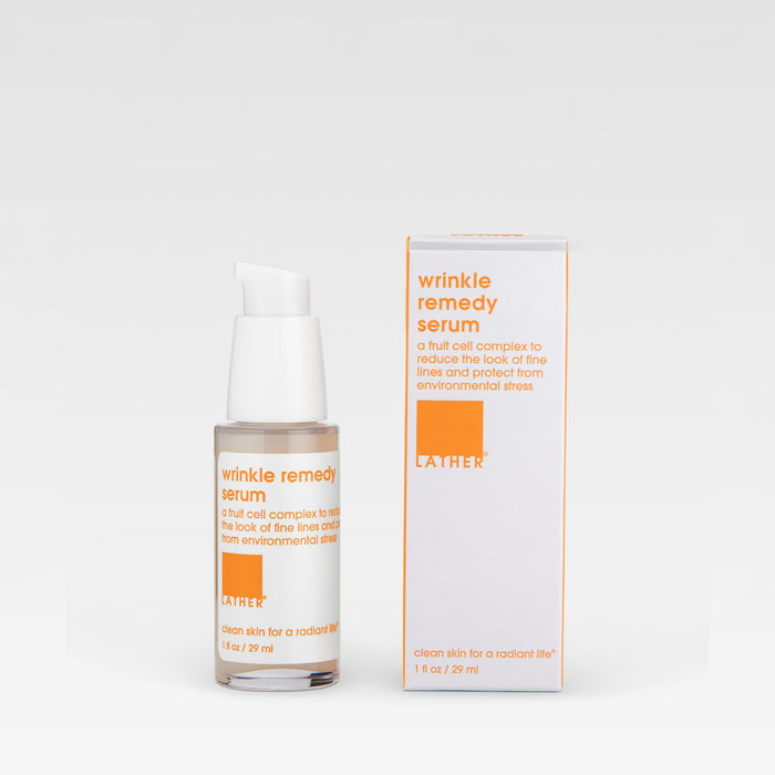 A clear plastic bottle with a white pump dispenser containing the Wrinkle Remedy Serum with its box packaging to the right of it.