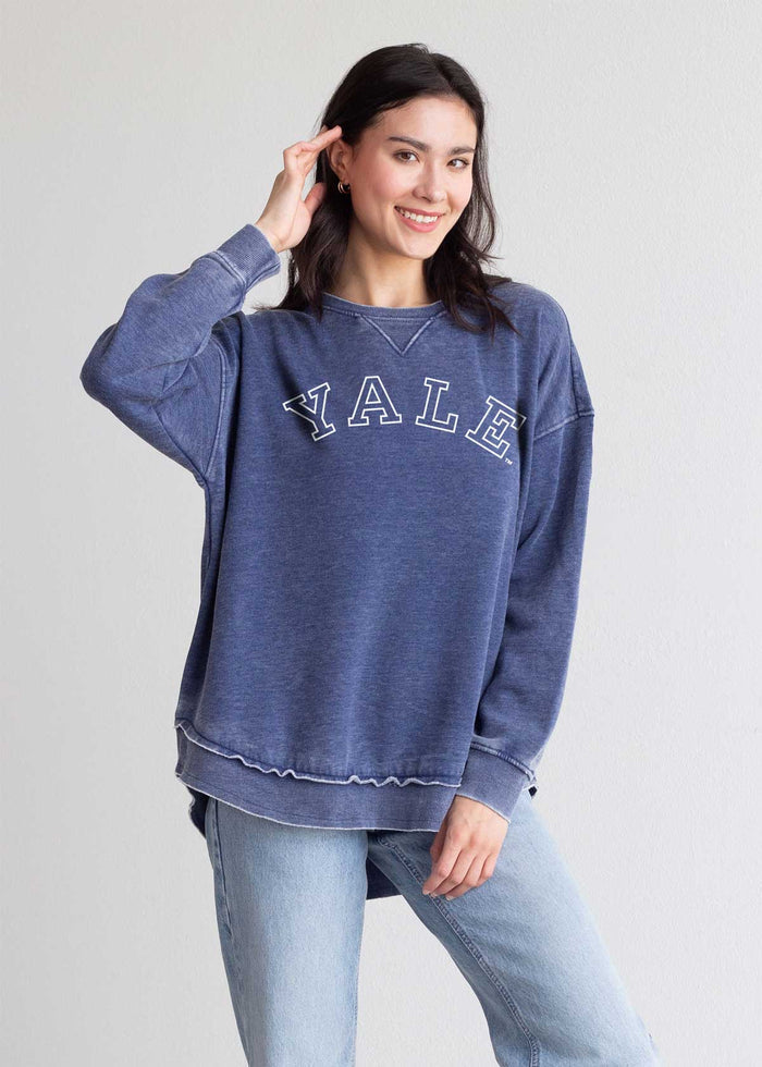 Yale Women's Ink Relaxed Burnout fleece Sweatshirt with crew neck, dropped shoulders and hi-lo curved hem