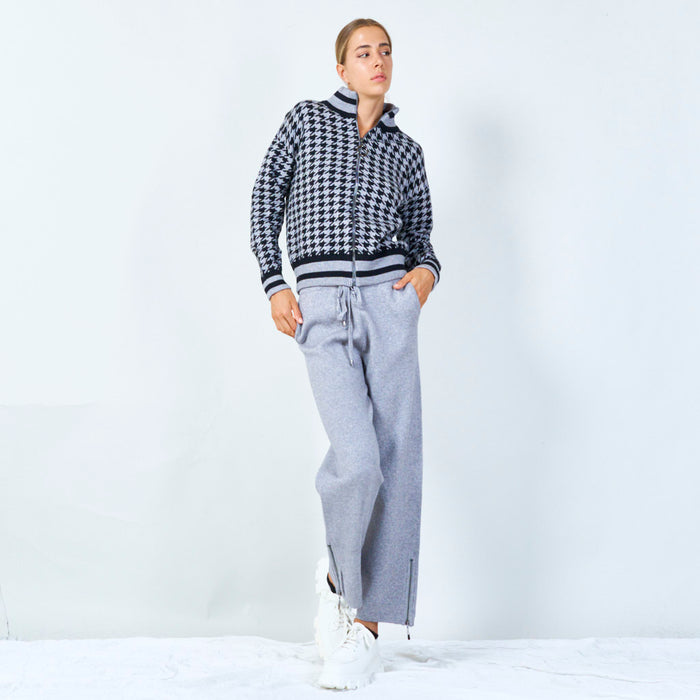 Zip-up houndstooth knit jacket wholesale