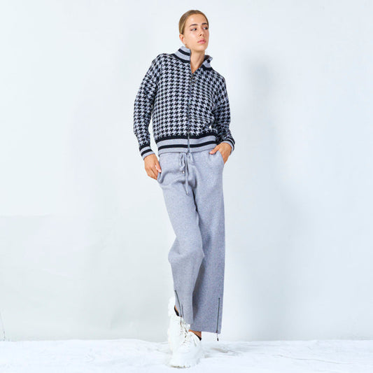 Zip-up houndstooth knit jacket wholesale